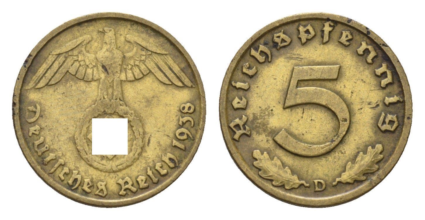 Германия 5 рейхспфеннигов 1938 D KM 91, J. 363 алюминиевая бронза 4685-1033