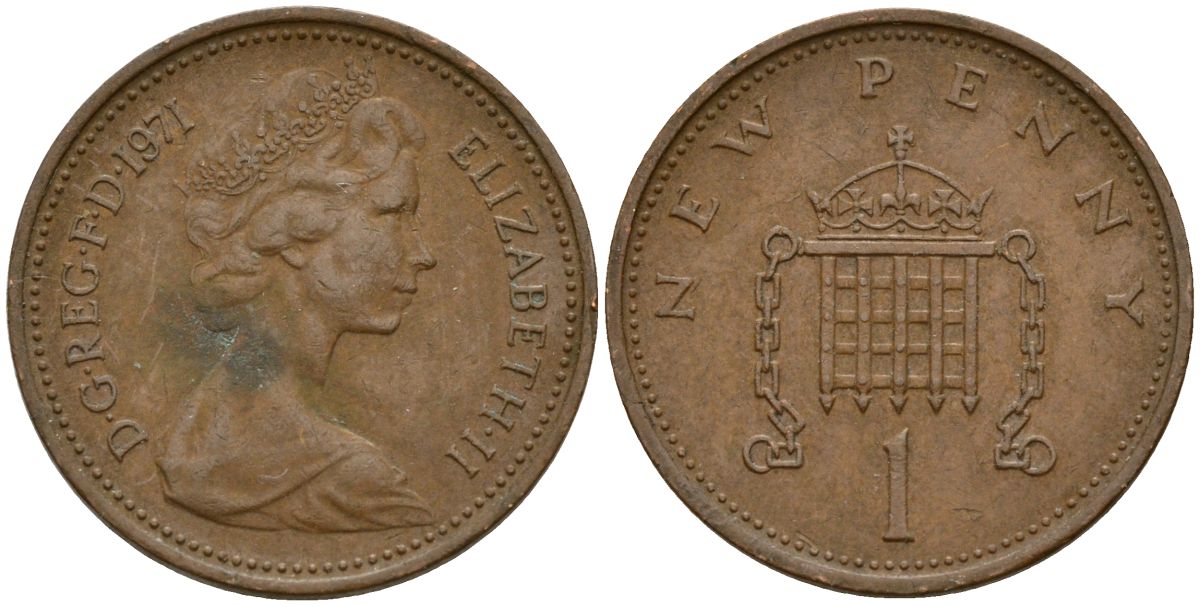 Великобритания 1 пенни 1971 Елизавета II (1952-2022) KM 915, Spink 4237 (B1) бронза 4152-415