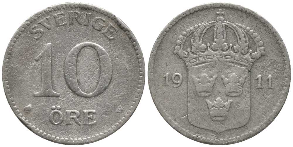 Швеция 10 эре 1911 W, Густав V (1907-1950) КМ 780 серебро 201-1067