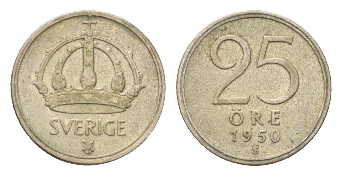 Швеция 25 эре 1950 TS, Густав V (1907-1950) KM 813 серебро 4685-1167