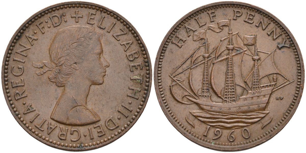 Великобритания 1/2 пенни 1960 Елизавета II (1952-2022) KM 896, Spink 4158 бронза 4126-755