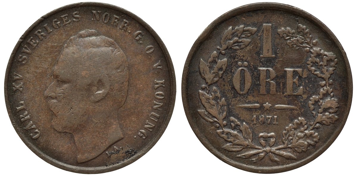 Швеция 1 эре 1871 L.A., Карл XV (1859-1872) KM 705 бронза 26-1161