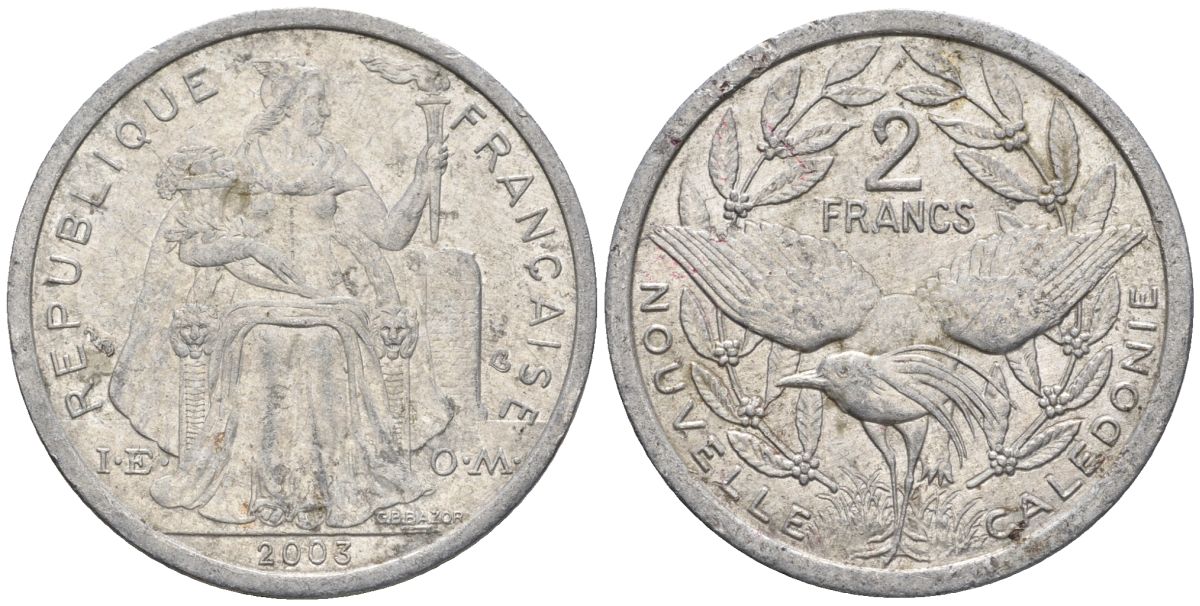 Французская Новая Каледония 2 франка 2003 птица кагу, (IEOM) KM 14, Schoen 11, Lec 68h алюминий    28-842