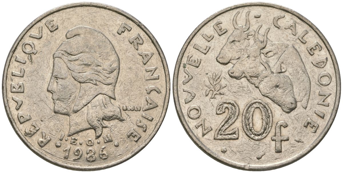 Французская Новая Каледония 20 франков 1986 три быка, (IEOM) KM 12, Schoen 14, Lec 112 никель 4123-331