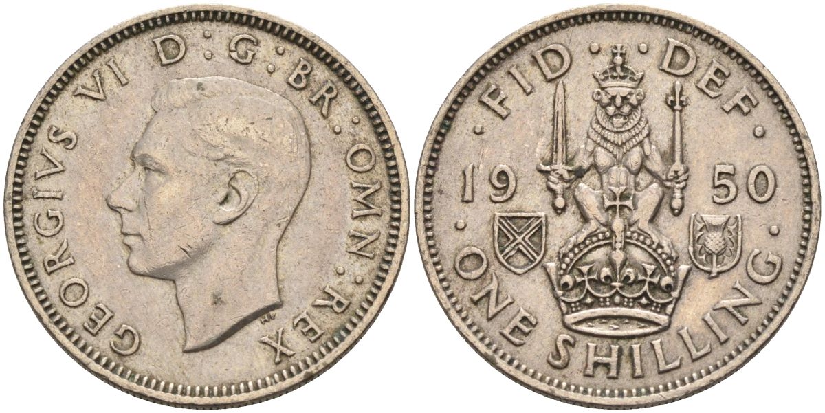 Великобритания 1 шиллинг 1950 Георг VI (1936-1952), Шотландский герб KM 877, Spink 4109 медно-никель 4126-415
