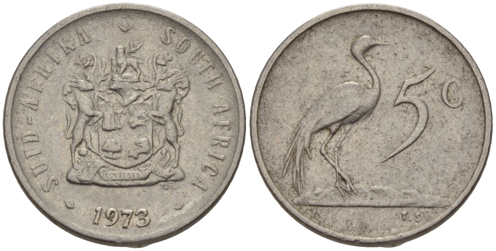 ЮАР 5 центов 1973 герб, райский журавль KM 84 никель 66-328