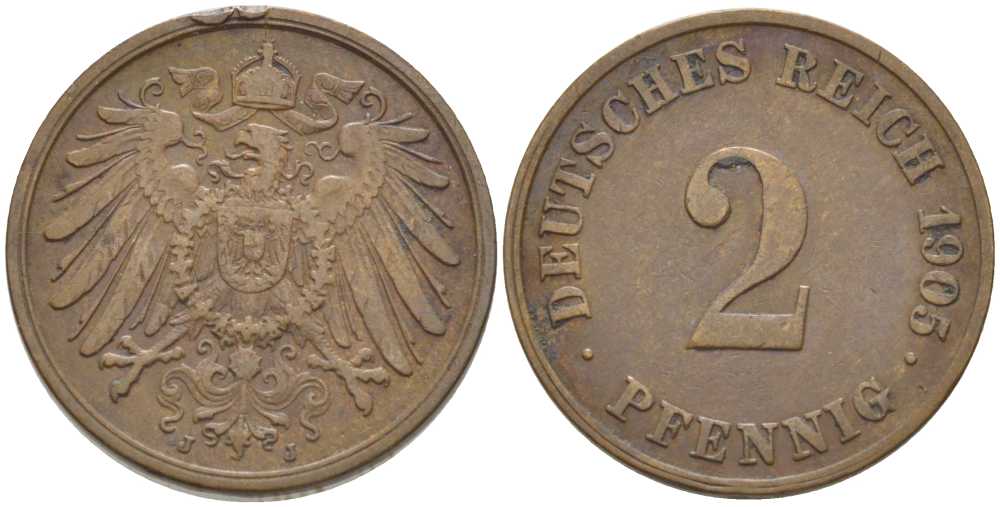 ГЕРМАНИЯ 2 ПФЕННИГА 1905 J KM 16, J. 11, Weege 4 медь 206-468