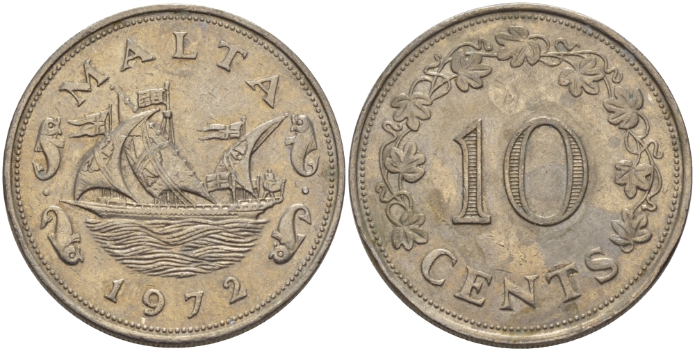 Мальта 10 центов 1972 баржа Великого магистра KM 11 медно-никель 82-343