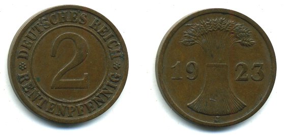 ГЕРМАНИЯ 2 РЕНТЕНПФЕННИГА 1923 J KM 31, J. 307 бронза 56-936