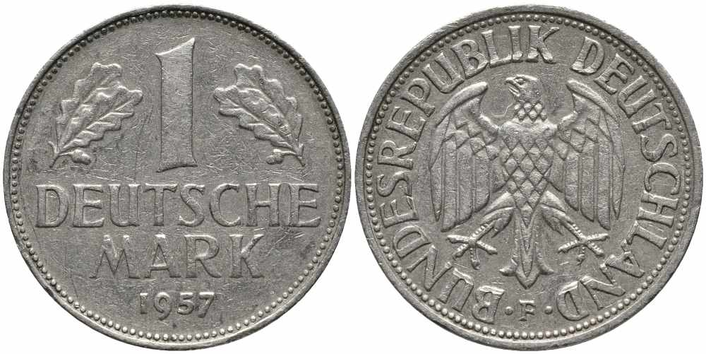 ФРГ 1 МАРКА 1957 F KM 110, J. 385 медно-никель 113-211