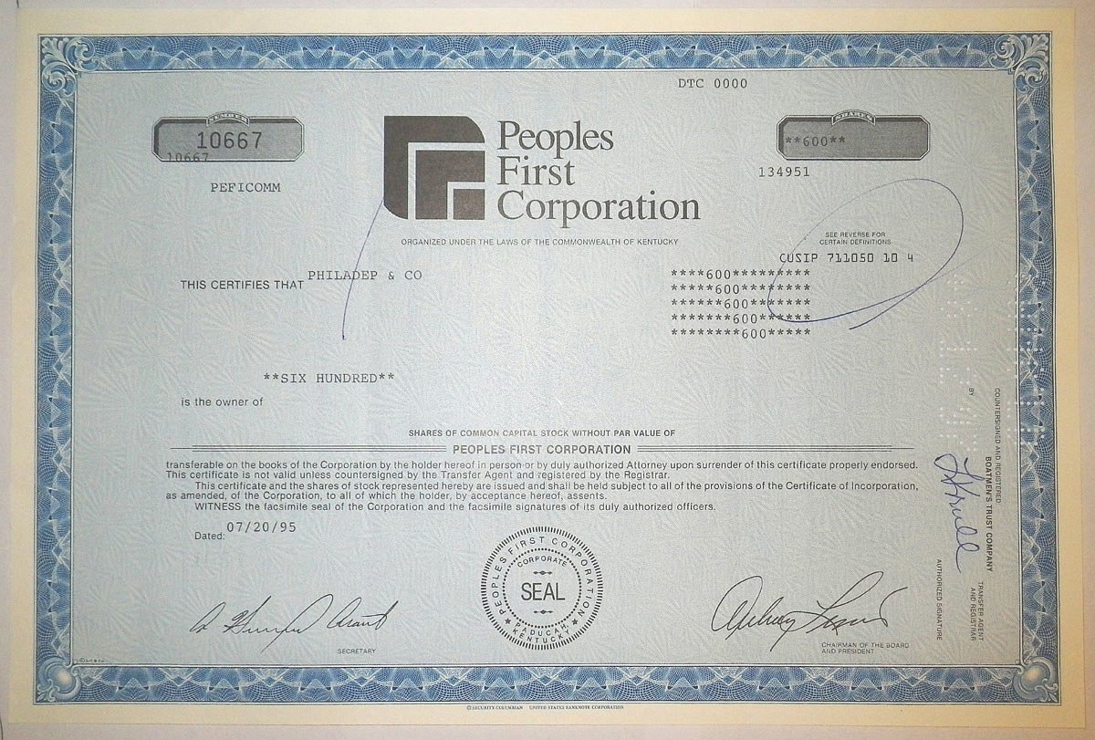 США, PEOPLES FIRST CORPORATION 600 акций 1995 бумага 8805-56-1
