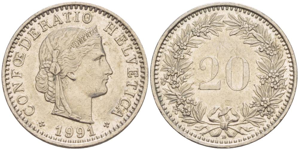ШВЕЙЦАРИЯ 20 РАППЕНОВ 1991 В KM 29а медно-никель 4544-734