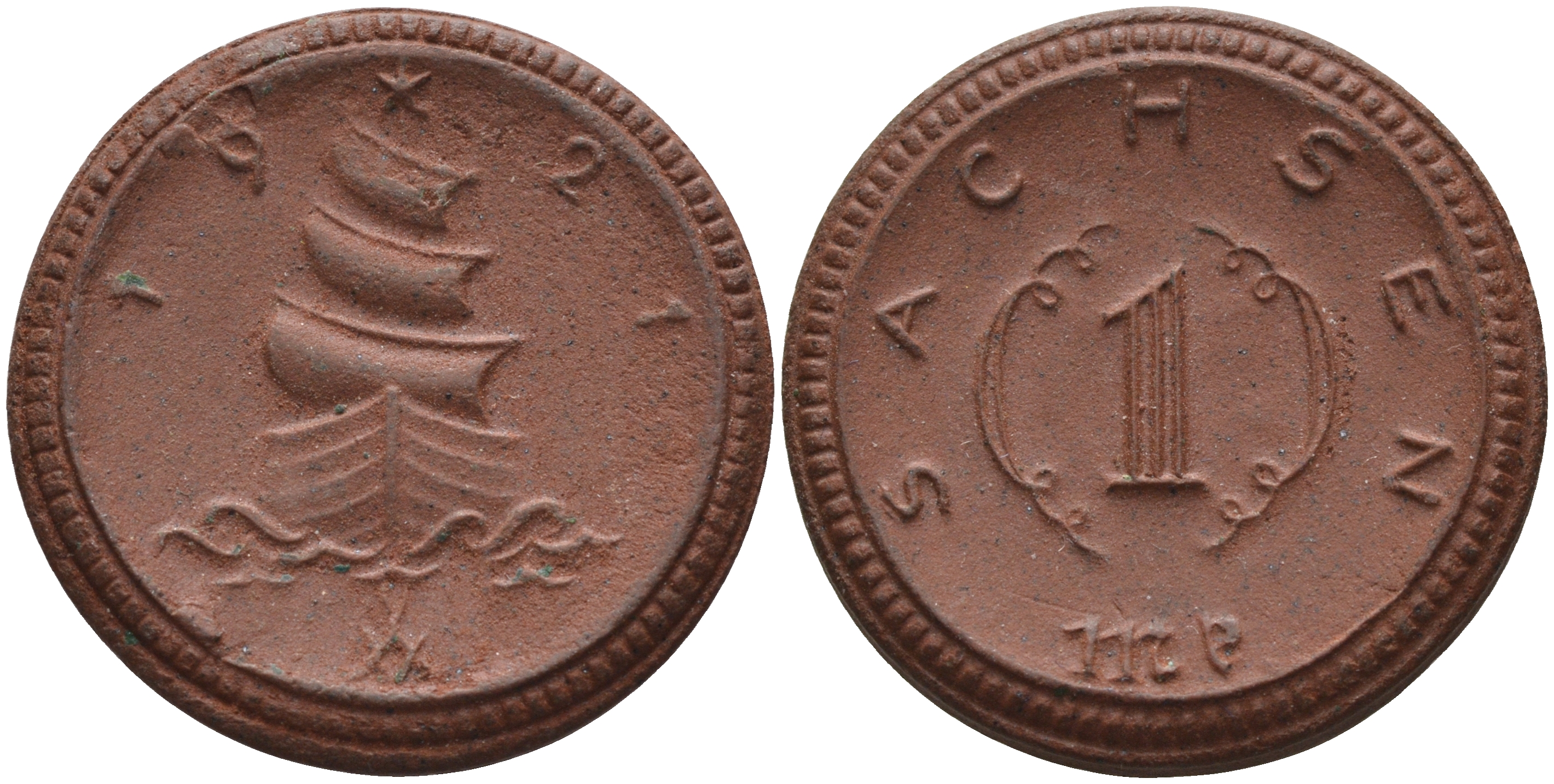 Саксония 1 марка 1921 парусник J. N 55 фарфор 1094-4-23