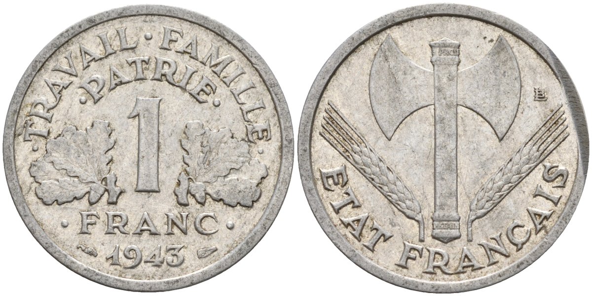 Франция 1 франк 1943 LB, тип Lourde, правительство Виши KM 902.1 алюминий 4142-922