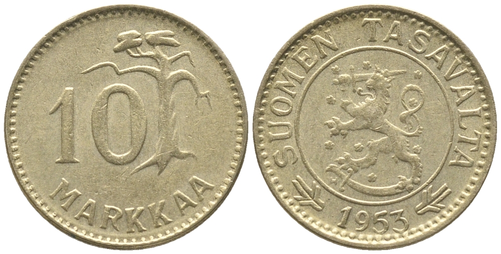 ФИНЛЯНДИЯ 10 МАРОК 1953 Н KM 38 алюминиевая бронза 100-1013
