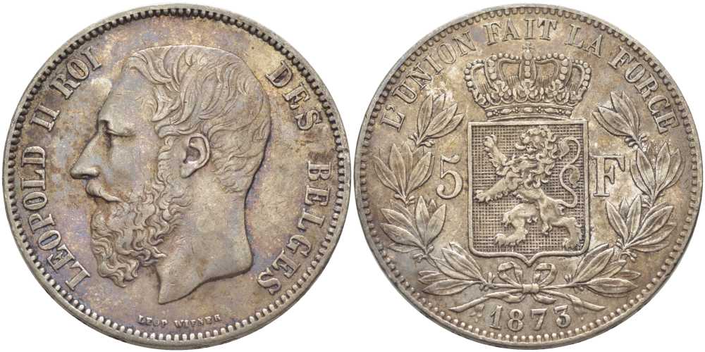 Бельгия 5 франков 1873 Леопольд II (1865-1909), позиция А KM 24 серебро 5010-1011