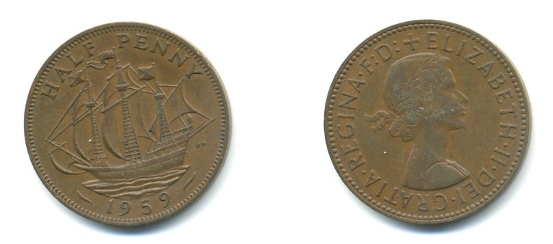 Великобритания 1/2 пенни 1959 Елизавета II (1952-2022) KM 896, Spink 4158 бронза 59-1114