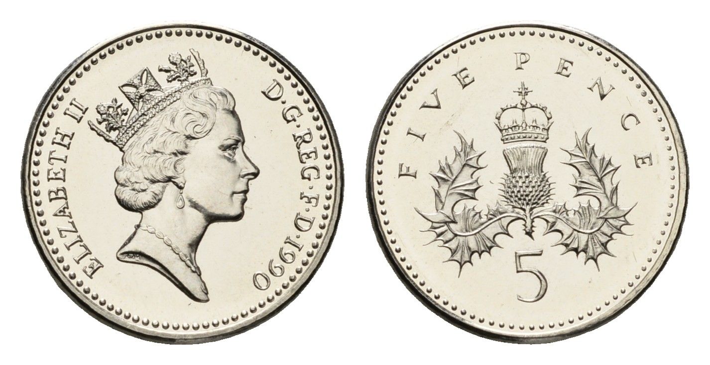 Великобритания 5 пенсов 1990 Елизавета II (1952-2022) KM 937b, Spink 4372 (D4) медно-никель BU 4690-767