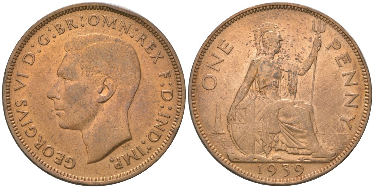 Великобритания 1 пенни 1939 Георг VI (1936-1952) KM 845, Spink 4114 бронза    82-144