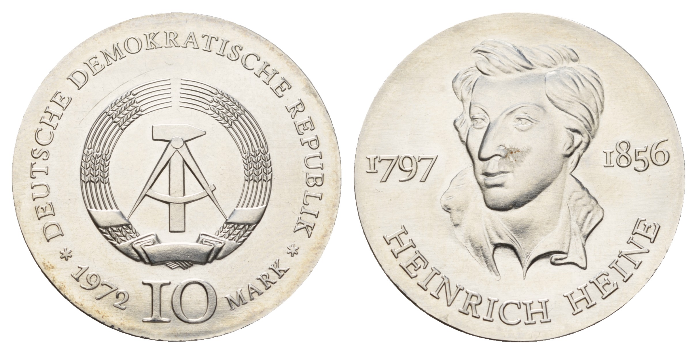 ГДР 10 марок 1972 A, 175 лет со дня рождения Генриха Гейне KM 39 серебро  UNC  1099-1-53