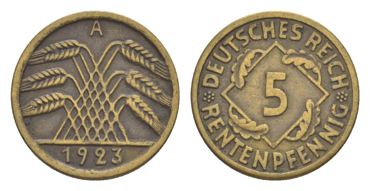 Германия 5 рентенпфеннигов 1923 A KM 32, J. 308 алюминиевая бронза 4636-438