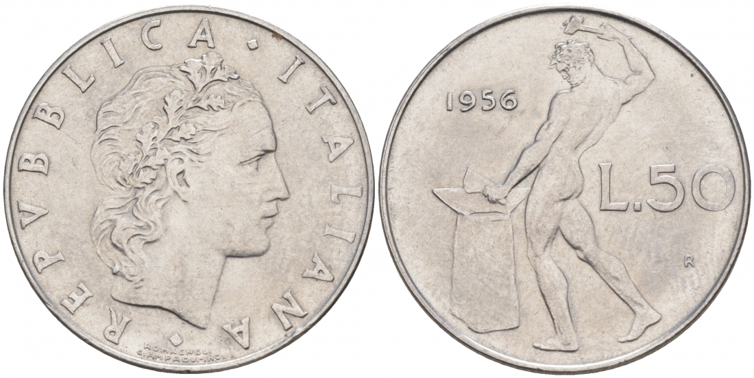 Италия 50 лир 1956 R, бог огня Вулкан у наковальни KM 95.1 нержавеющая сталь 73-333