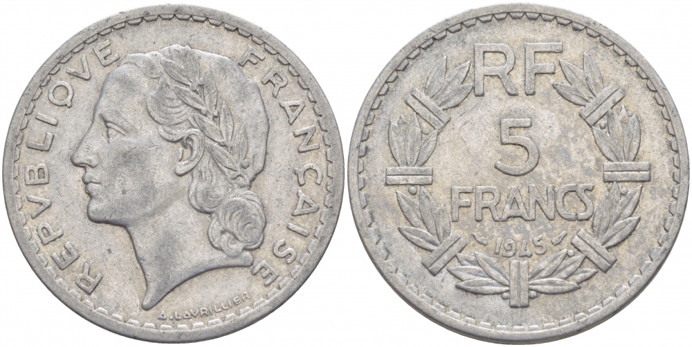 Франция 5 франков 1945 KM 888b.1, Le Franc 339.3 алюминий 4403-215