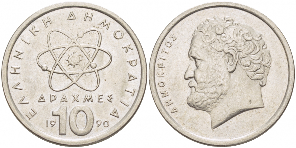 Греция 10 драхм 1990 Демокрит KM 132 медно-никель UNC 77-943