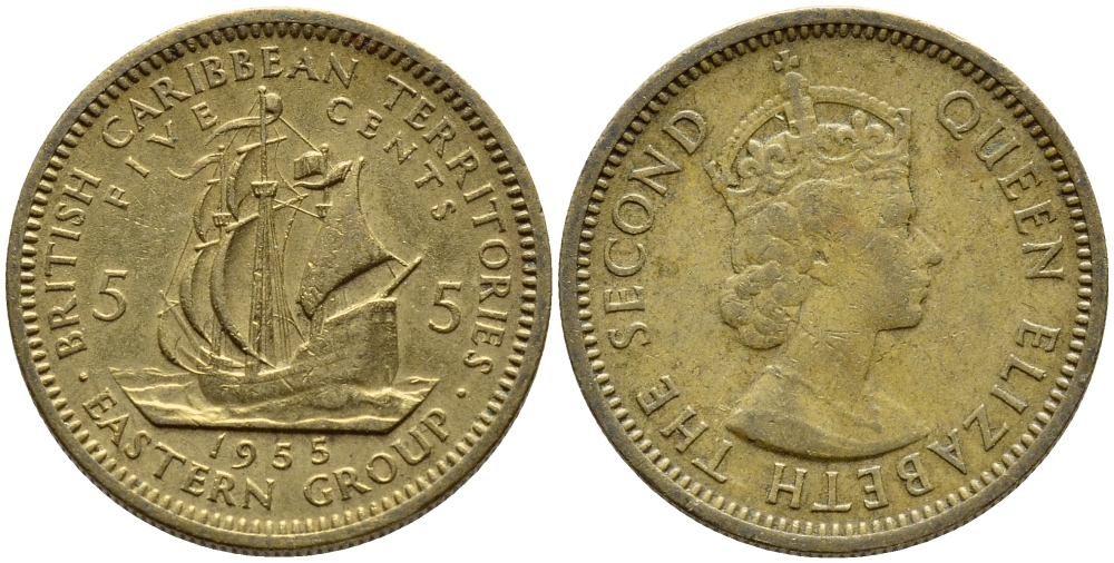 Британские Восточно-Карибские территории 5 центов 1955 Елизавета II (1952-2022), парусник KM 4 никель латунь 89-1857
