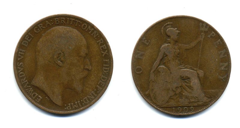 Великобритания 1 пенни 1909 Эдуард VII (1901-1910) KM 794.2, Spink 3990 бронза 47-714