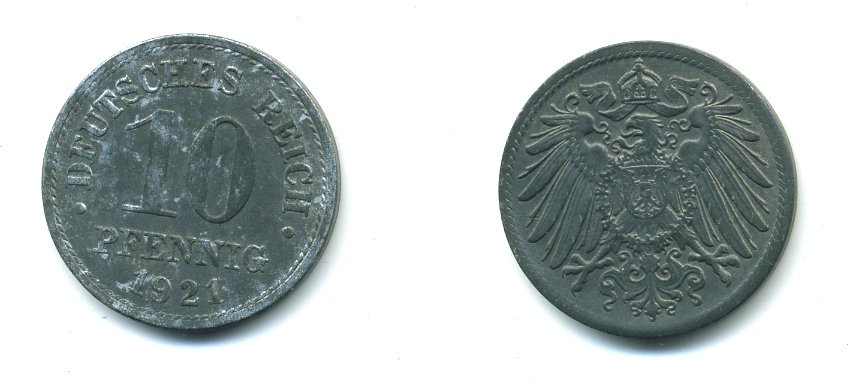 ГЕРМАНИЯ 10 ПФЕННИГОВ 1921 KM 26, J. 299 цинк 23-751