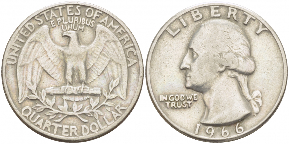 США 25 центов (квотер) 1966 Вашингтон KM 164a медь плакированная медно-никелем 3457-746