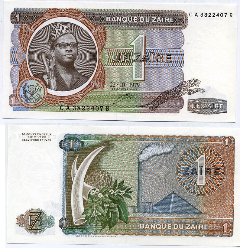 Заир 1 заир 1979 Мобуту Сесе Секо, бивни слона, фабрика Pick 19 а бумага UNC (пресс) 445-7-1