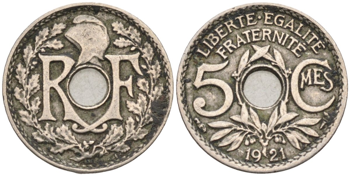 Франция 5 сантимов 1921 тип Lindauer, Petit Module KM 875, Le Franc 122.3 медно-никель 4585-231