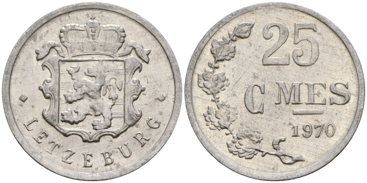 Люксембург 25 сантимов 1970 Герцог Жан (1964-1999) KM 45a.1 алюминий 4136-527