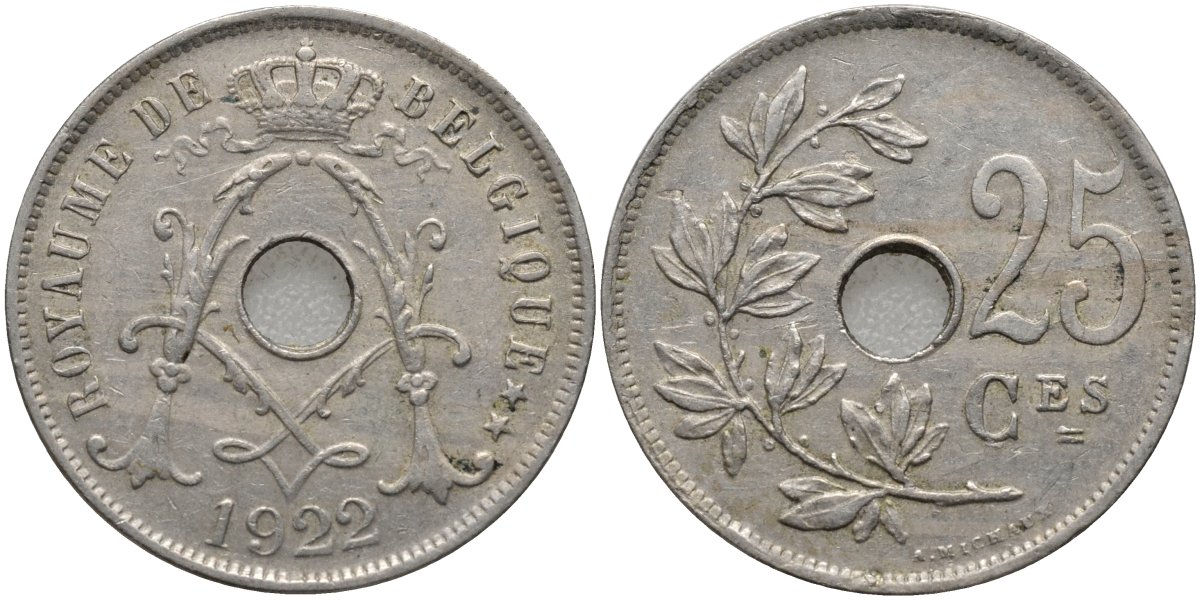 Бельгия 25 сантимов 1922 BELGIQUE KM 68.1 медно-никель 4171-651