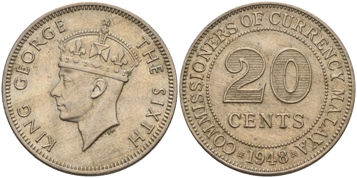 Британская Малайя 20 центов 1948 Георг VI (1937-1952) KM 9 медно-никель 4153-531