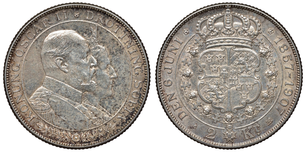 Швеция 2 кроны 1907 Оскар II (1872-1907) король Швеции, золотая свадьба KM 776 серебро 4117-716