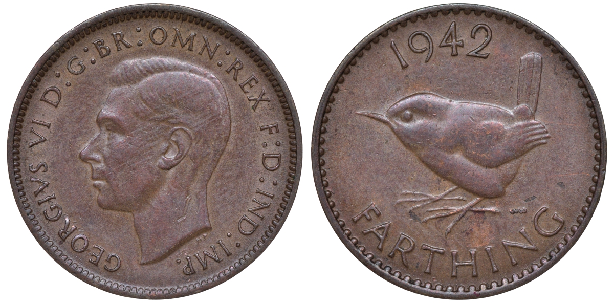 Великобритания 1 фартинг 1942 Георг VI (1936-1952) KM 843, Spink 4116 бронза 4609-1053