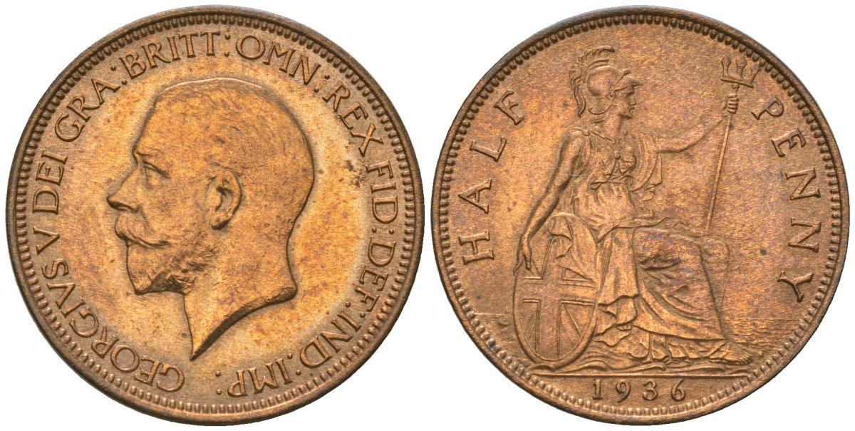 Великобритания 1/2 пенни 1936 Георг V (1910-1936) KM 837, Spink 4058 бронза aUNC 4163-1044