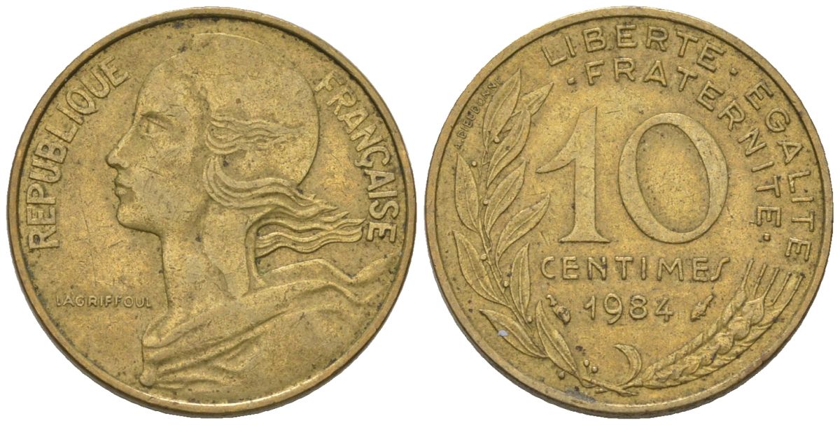 Франция 10 сантимов 1984 KM 929 алюминиевая бронза 4564-1032