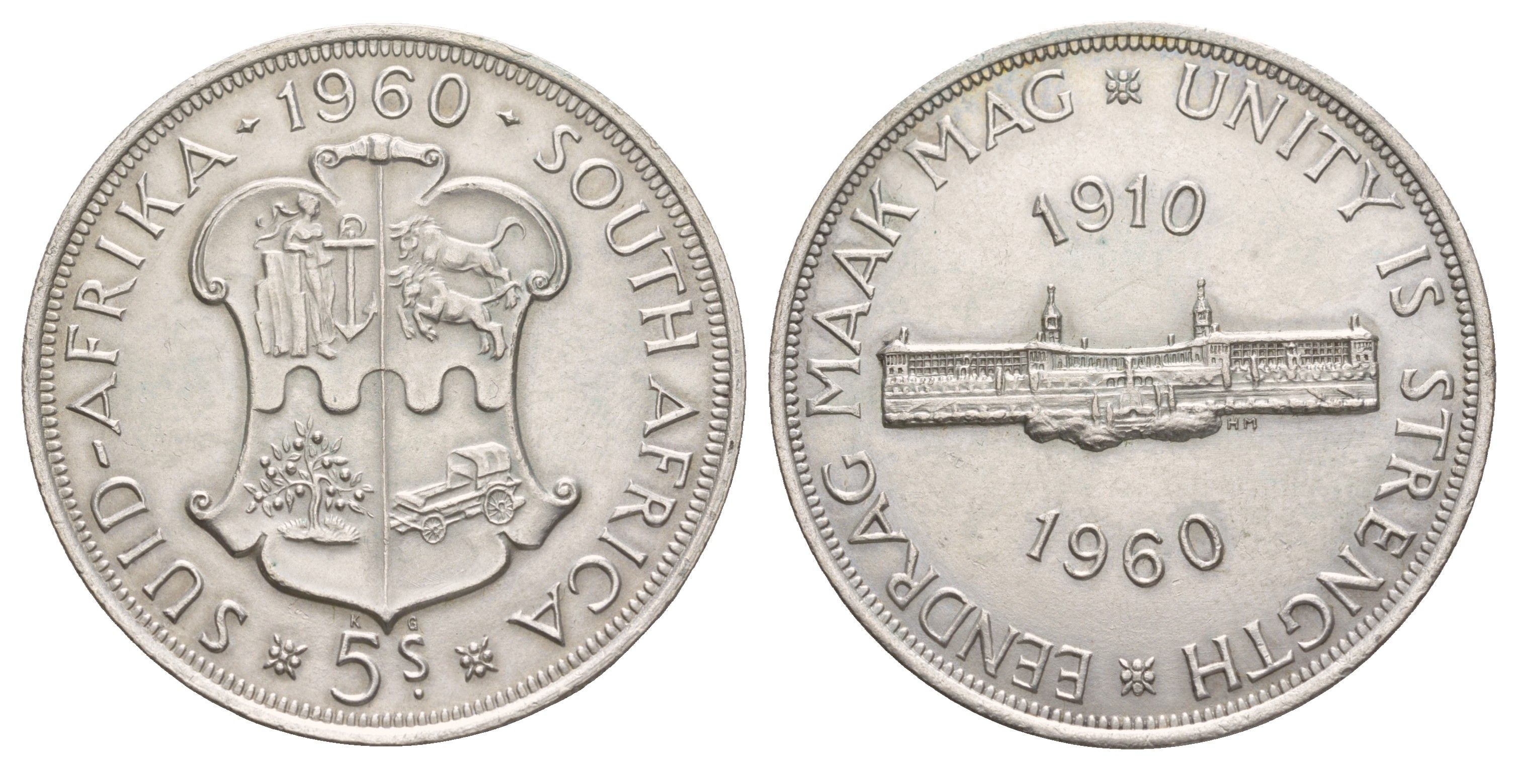 ЮАР 5 шиллингов 1960 50 лет Южноафриканскому союзу KM 55 серебро 413-3725