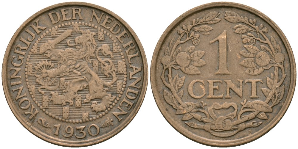 Нидерланды 1 цент 1930 Вильгельмина (1890-1948) KM 152 бронза 4576-1127