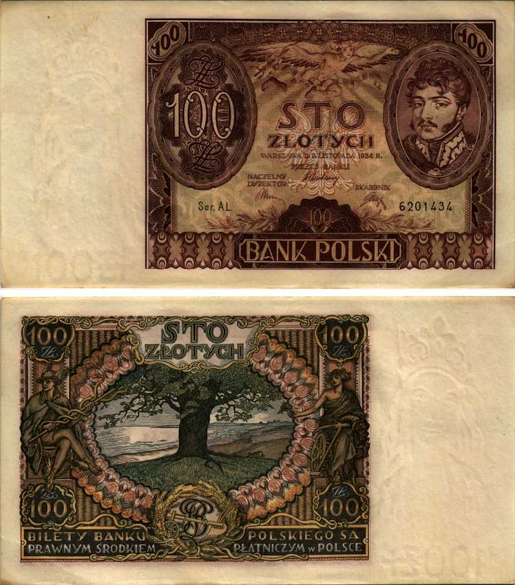 Польша 100 злотых 1934 Юзеф Понятовский, серия AL Pick 75 a бумага 6352-37-2-2