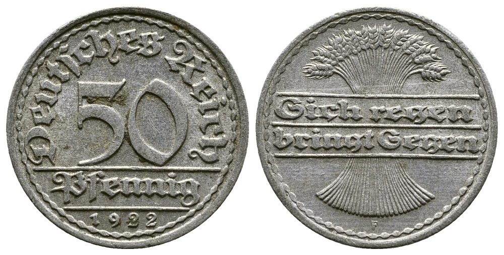 ГЕРМАНИЯ 50 ПФЕННИГОВ 1922 F KM 27, J. 301, Weege 10 алюминий 4380-912