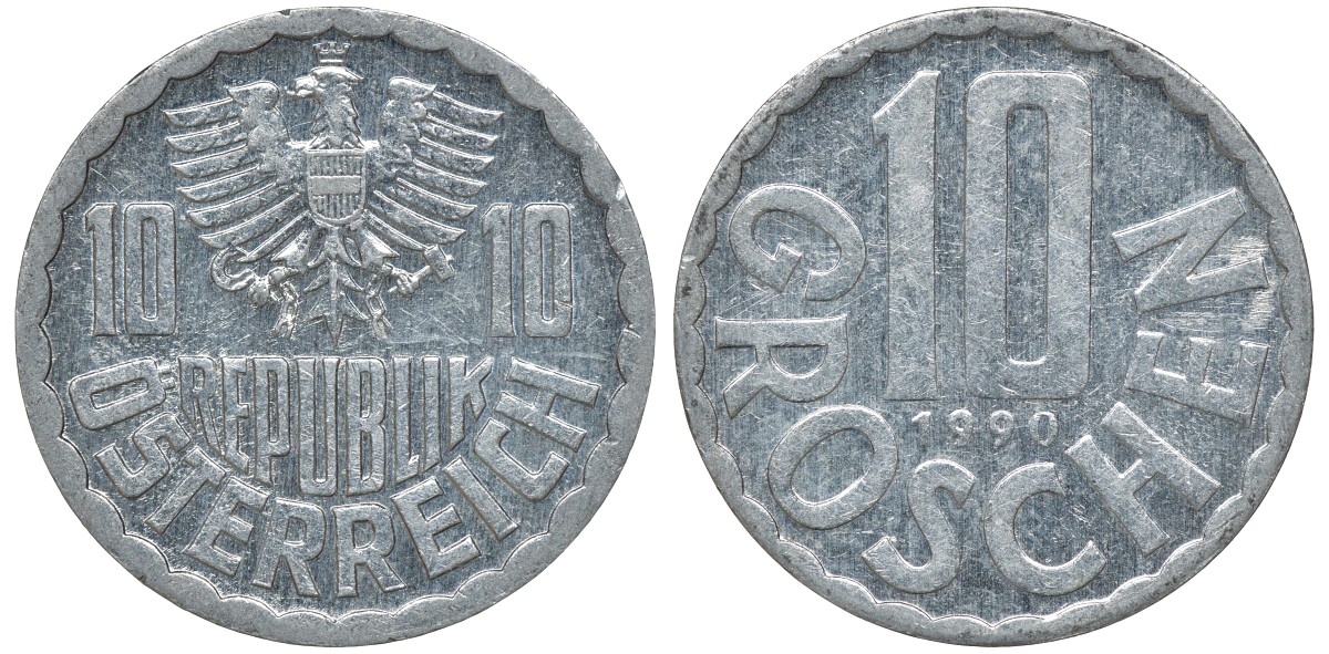 АВСТРИЯ 10 ГРОШЕЙ 1990 KM 2878 алюминий 72-1412