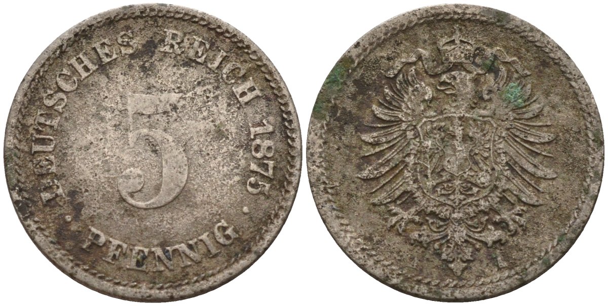 Германия 5 пфеннигов 1875 A, старогербовка KM 3, J. 3 медно-никель 4151-354