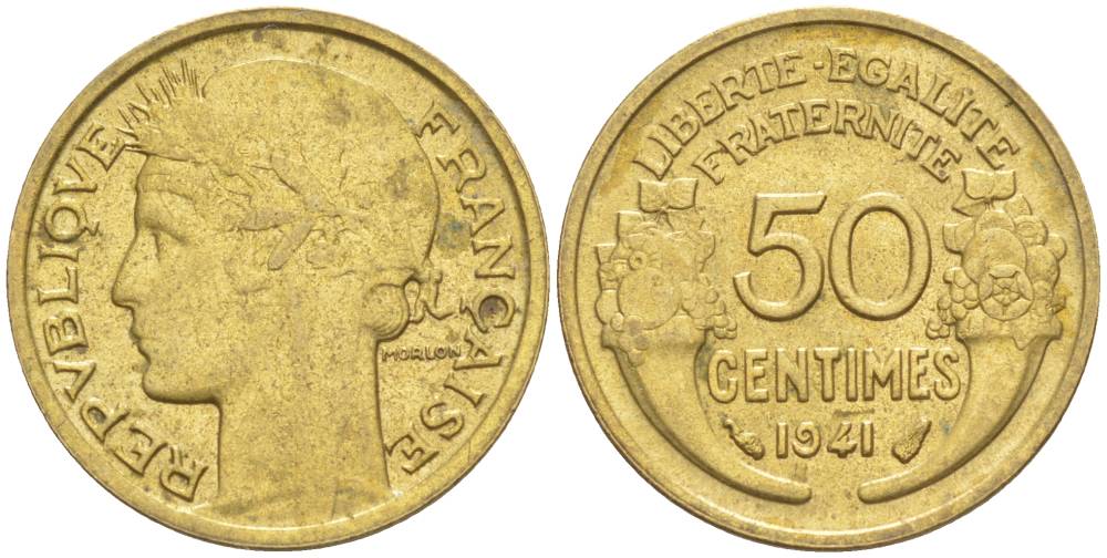 ФРАНЦИЯ 50 САНТИМОВ 1941 ТИП MORLON KM 894.1, LE FRANC 192.18 алюминиевая бронза 44-521