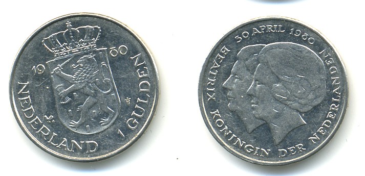 Нидерланды 1 гульден 1980 на коронацию Беатрикс, 30 апреля 1980 KM 200 никель 84-1011