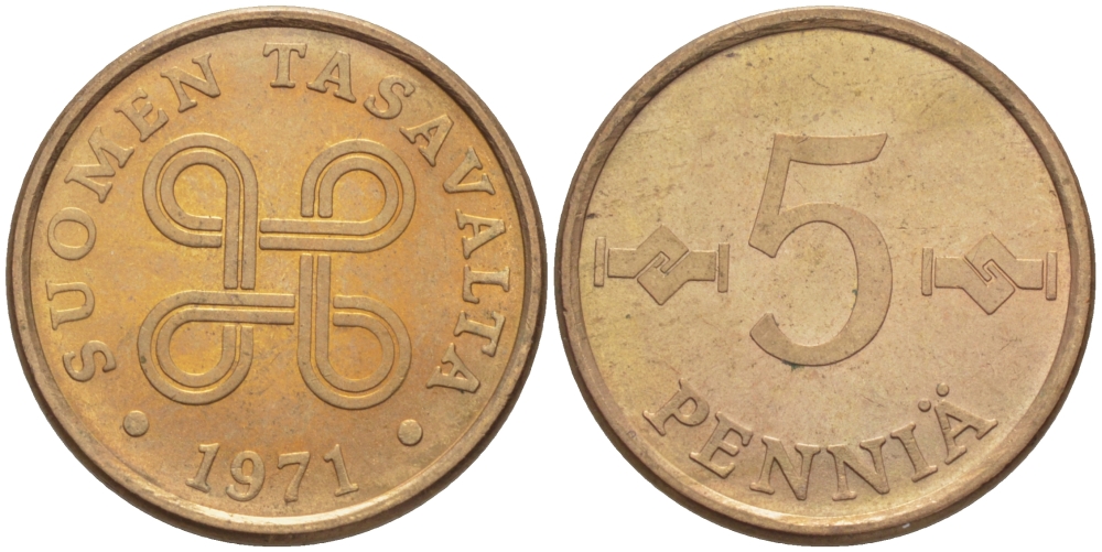 ФИНЛЯНДИЯ 5 ПЕННИ 1971 KM 45 медь 100-163